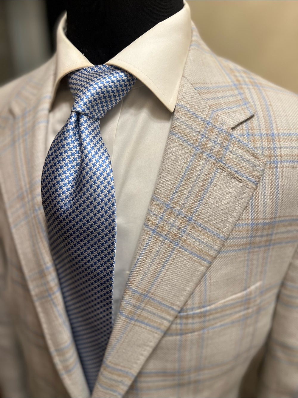 Mercer Blue Sport Coat Blazer Light Beige Windowpane with Blue Accents Men 42R